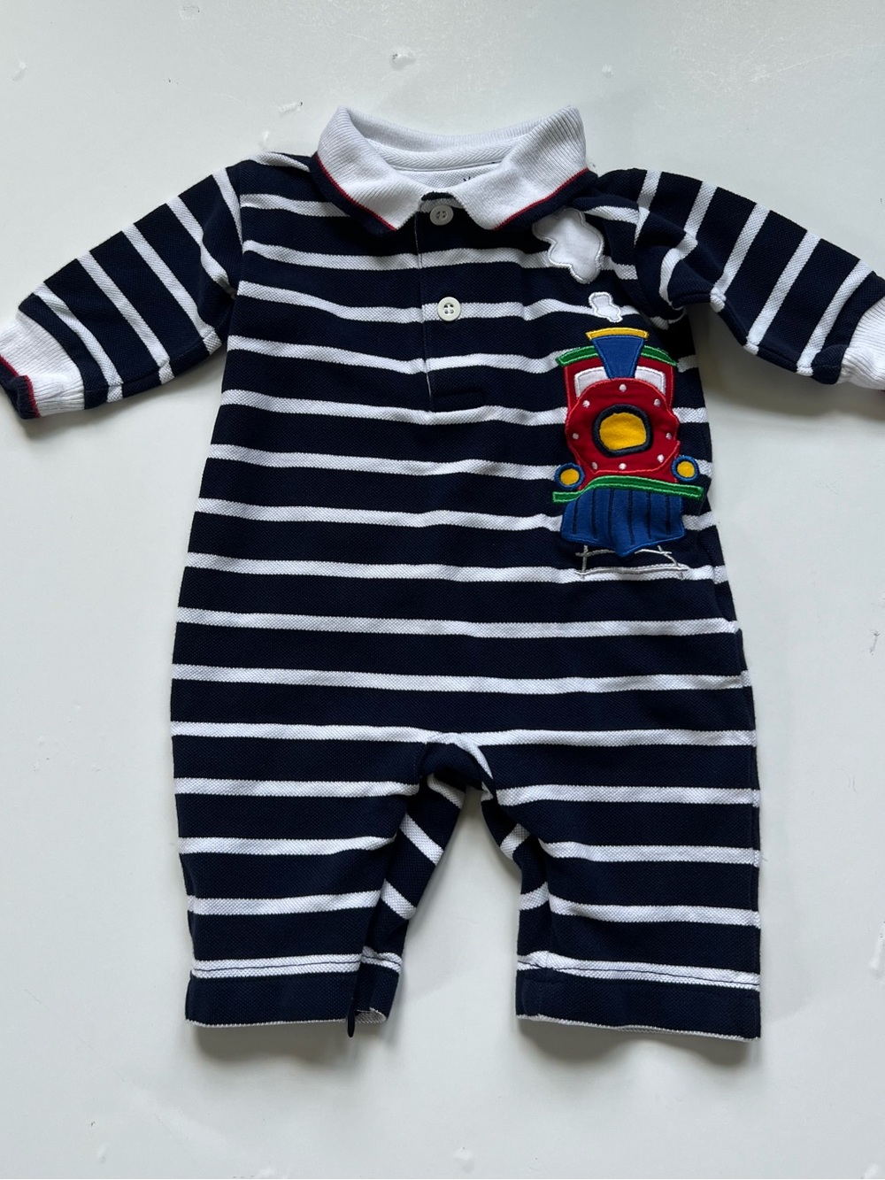 Florence Eiseman Navy & White Striped Train Applique One-Piece